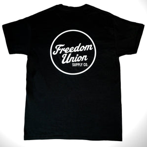 Black t-shirt with large white “Freedom Union” logo on front