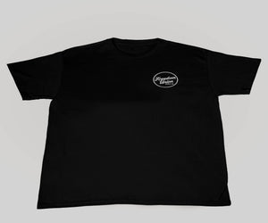 Plain black crew neck t-shirt with short sleeves, back view