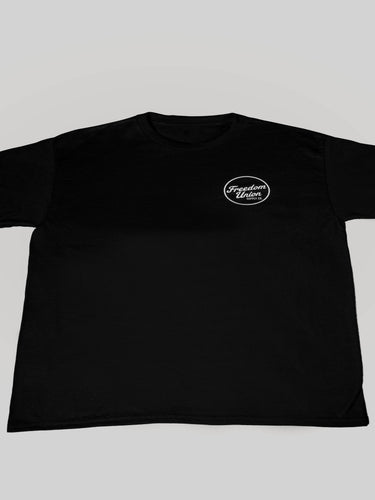 Plain black crew neck t-shirt with short sleeves, back view