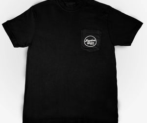 Black t-shirt with small white, pocket “Freedom Union” logo on front