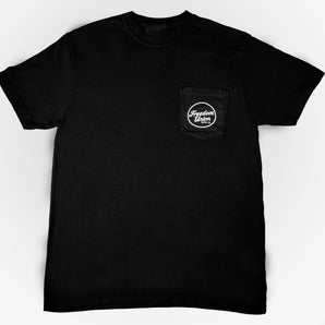 Black t-shirt with small white, pocket “Freedom Union” logo on front