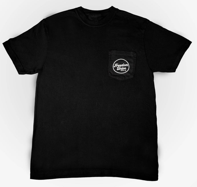 Black t-shirt with small white, pocket “Freedom Union” logo on front