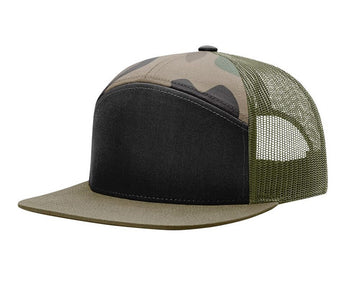 Camo print trucker cap with olive mesh back and army-style pattern