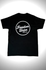 Black t-shirt with large white “Freedom Union” logo on front 