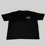 Plain black crew neck t-shirt with short sleeves, back view