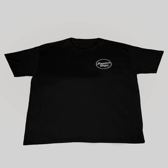 Plain black crew neck t-shirt with short sleeves, back view
