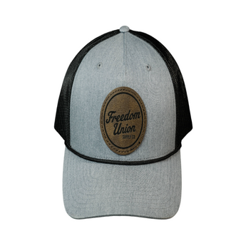 Gray and black cap with a brown leather patch featuring 'Freedom Union' on a white background