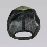 Black mesh cap with green top on a light gray background