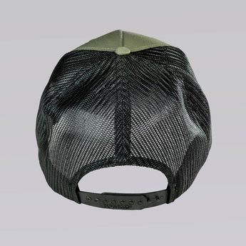 Black mesh cap with green top on a light gray background