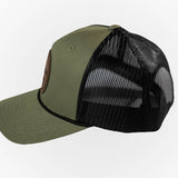Green baseball cap with black mesh back on a white background