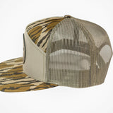 Beige mesh cap with camouflage brim on a white background