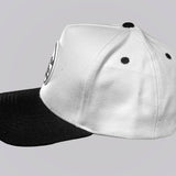 White cap with black brim on a gray background