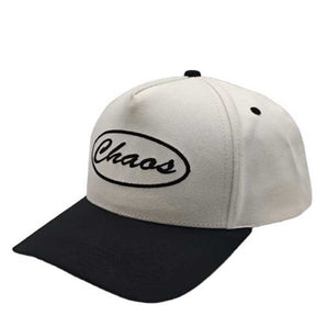White and black cap with “Chaos” embroidered on the front panel