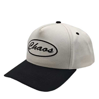 White and black cap with “Chaos” embroidered on the front panel