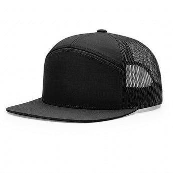 Solid black trucker cap with black mesh back and curved bill