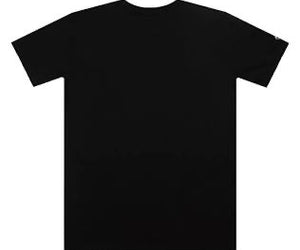 Plain black crew neck t-shirt with short sleeves, back view