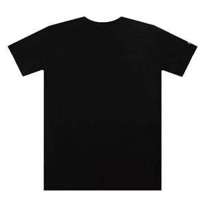 Plain black crew neck t-shirt with short sleeves, back view