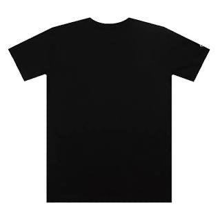 Plain black crew neck t-shirt with short sleeves, back view