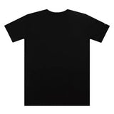 Plain black crew neck t-shirt with short sleeves, back view