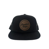 Black snapback hat with mesh back and brown Freedom Union logo patch
