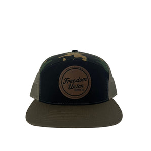 Camo snapback hat with mesh back and brown Freedom Union logo patch