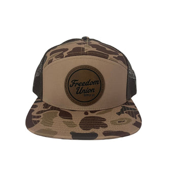 Brown duck camo trucker hat with mesh back and Freedom Union patch
