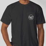 Black t-shirt with small white “Freedom Union” logo on front pocket