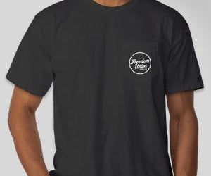 Black t-shirt with small white “Freedom Union” logo on front pocket