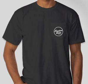 Black t-shirt with small white “Freedom Union” logo on front pocket